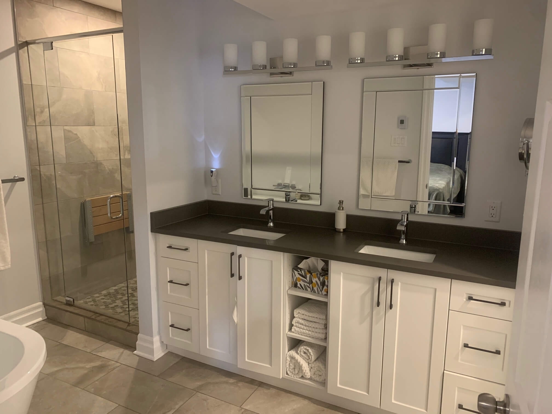Bathroom renovation, custom cabinets and shower, Embro ON